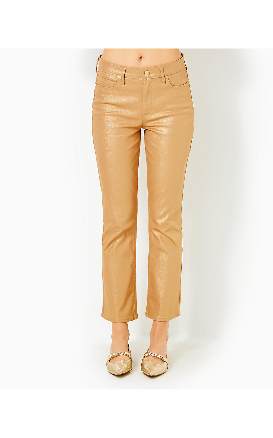 LIZA SHIMMER CROP FLARE PANT, GOLD METALLIC