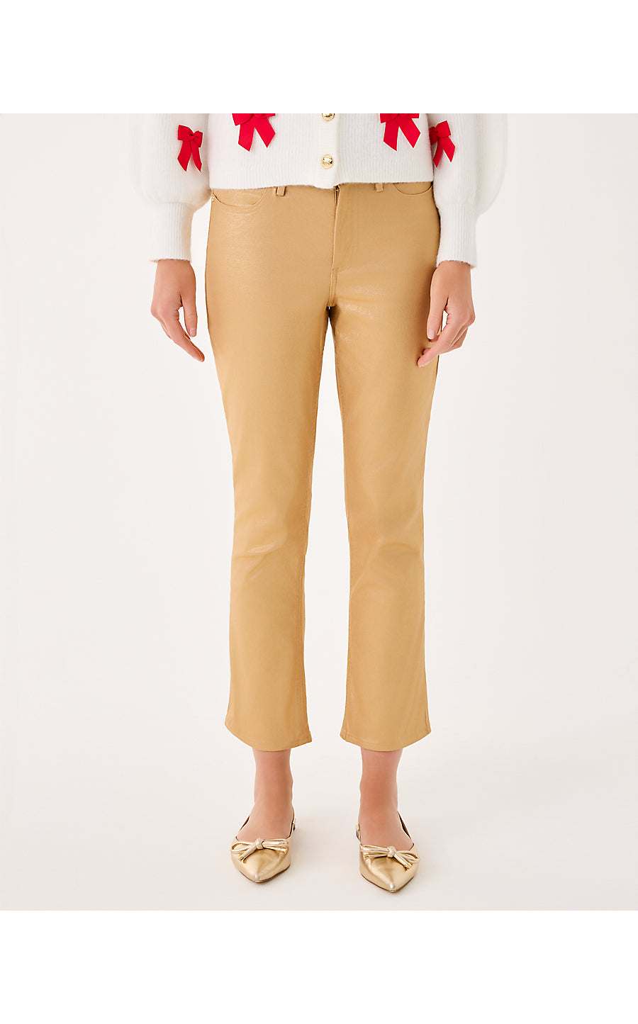 LIZA SHIMMER CROP FLARE PANT, GOLD METALLIC