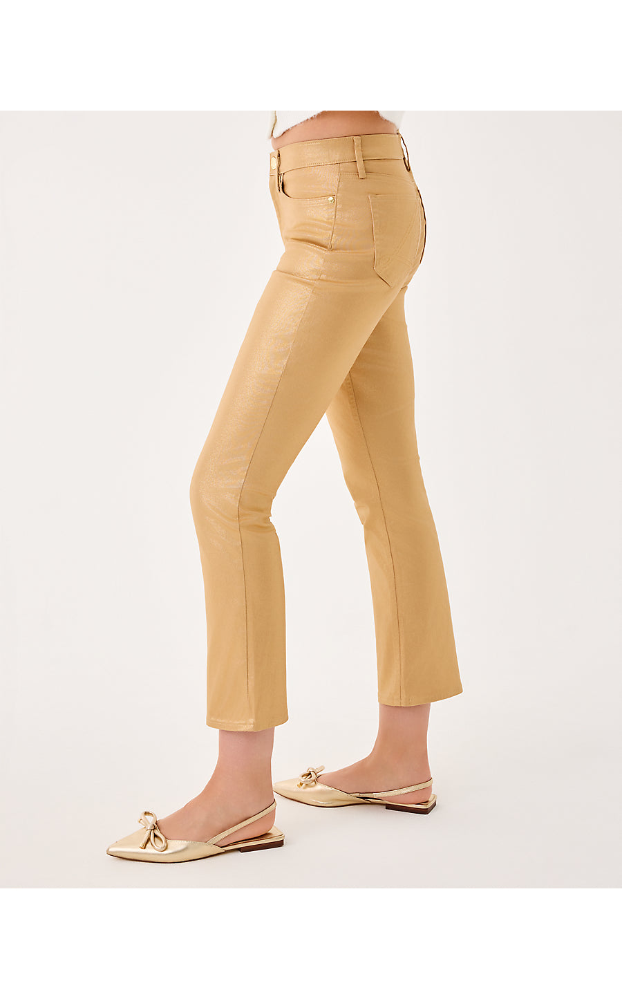 LIZA SHIMMER CROP FLARE PANT, GOLD METALLIC