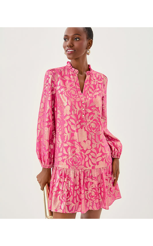 EVALINE SILK DRESS, SUN SHELL PINK FLORAL BLOOM SILK CLIP