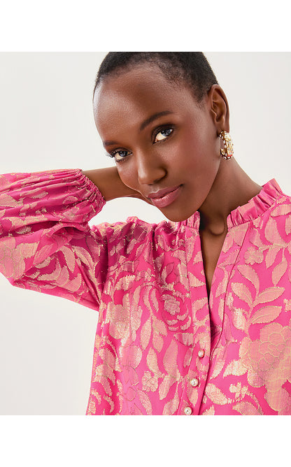EVALINE SILK DRESS, SUN SHELL PINK FLORAL BLOOM SILK CLIP