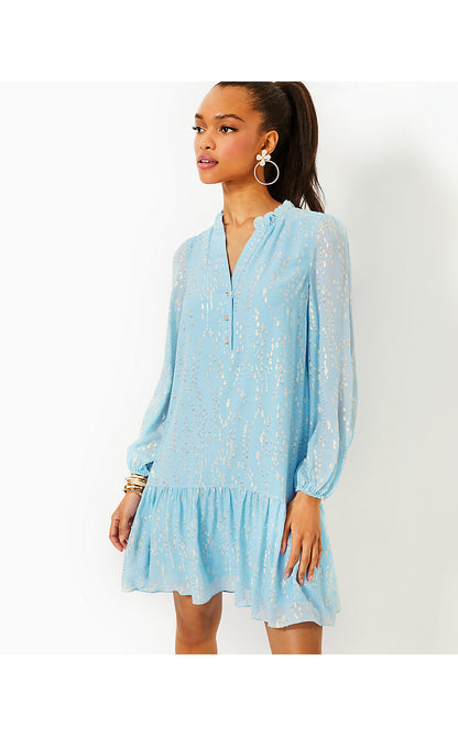 EVALINE SILK DRESS, BONAIRE BLUE FISH CLIP CHIFFON