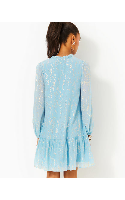 EVALINE SILK DRESS, BONAIRE BLUE FISH CLIP CHIFFON