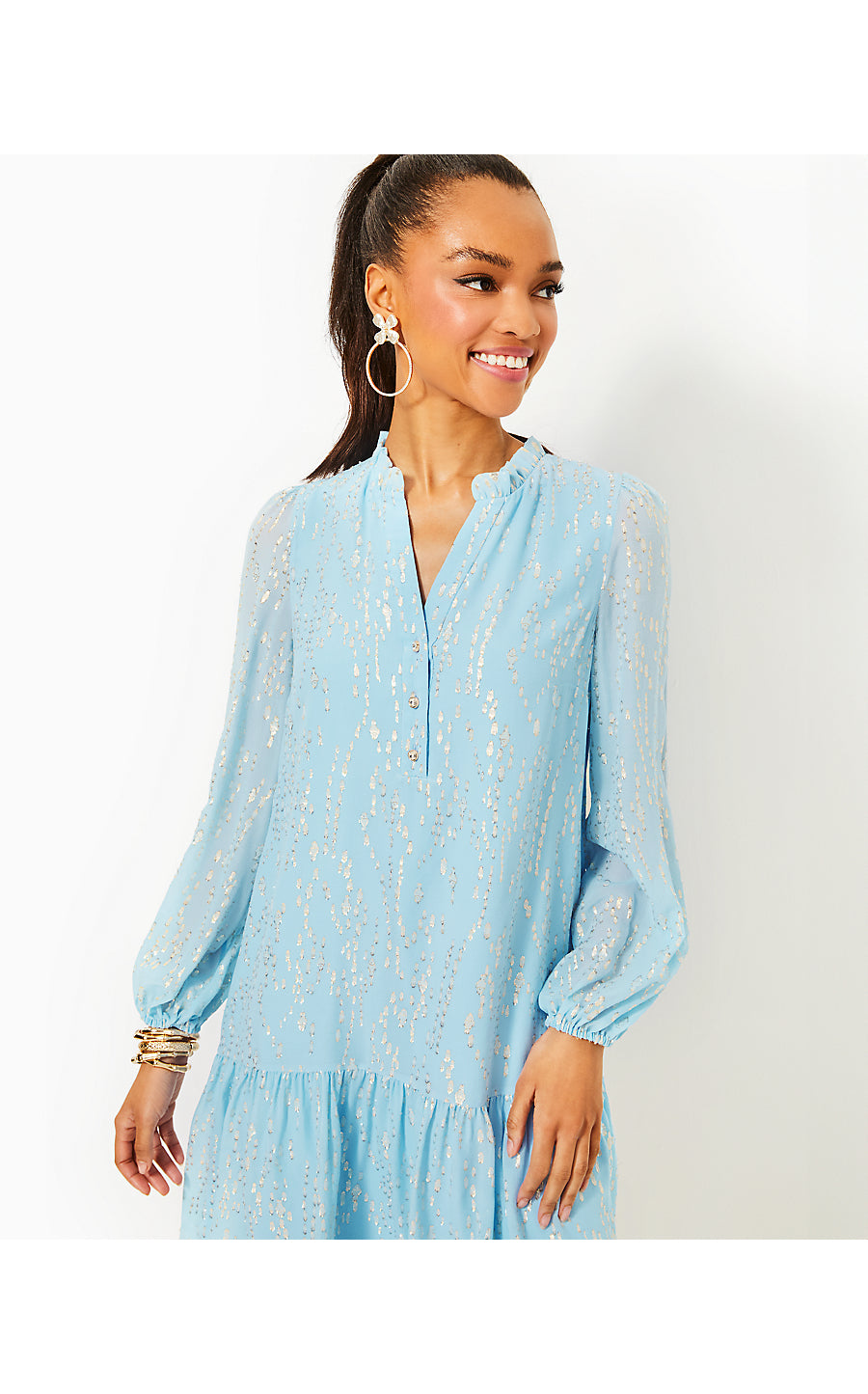 EVALINE SILK DRESS, BONAIRE BLUE FISH CLIP CHIFFON