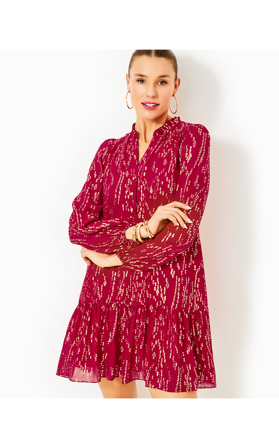 EVALINE SILK DRESS, MALBEC RED FISH CLIP CHIFFON