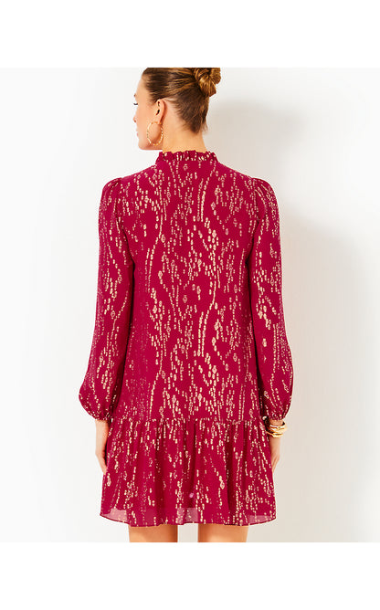 EVALINE SILK DRESS, MALBEC RED FISH CLIP CHIFFON