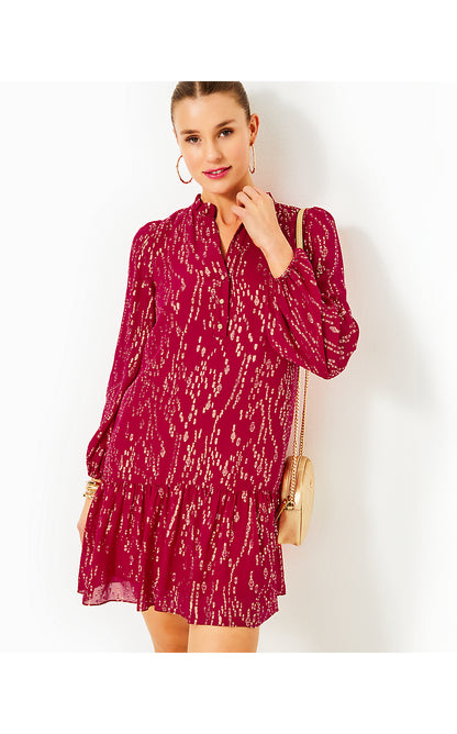 EVALINE SILK DRESS, MALBEC RED FISH CLIP CHIFFON