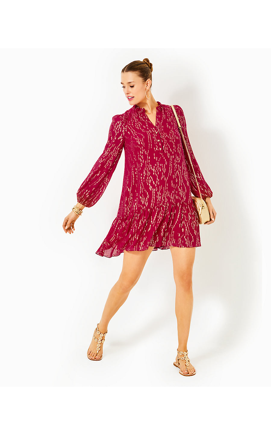 EVALINE SILK DRESS, MALBEC RED FISH CLIP CHIFFON