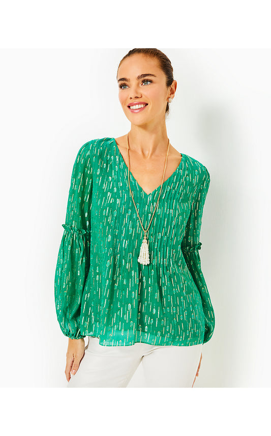 CLEME LONG SLEEVE TOP, FIDDLE LEAF GREEN MYSTICAL VISCOSE METALLIC CLIP