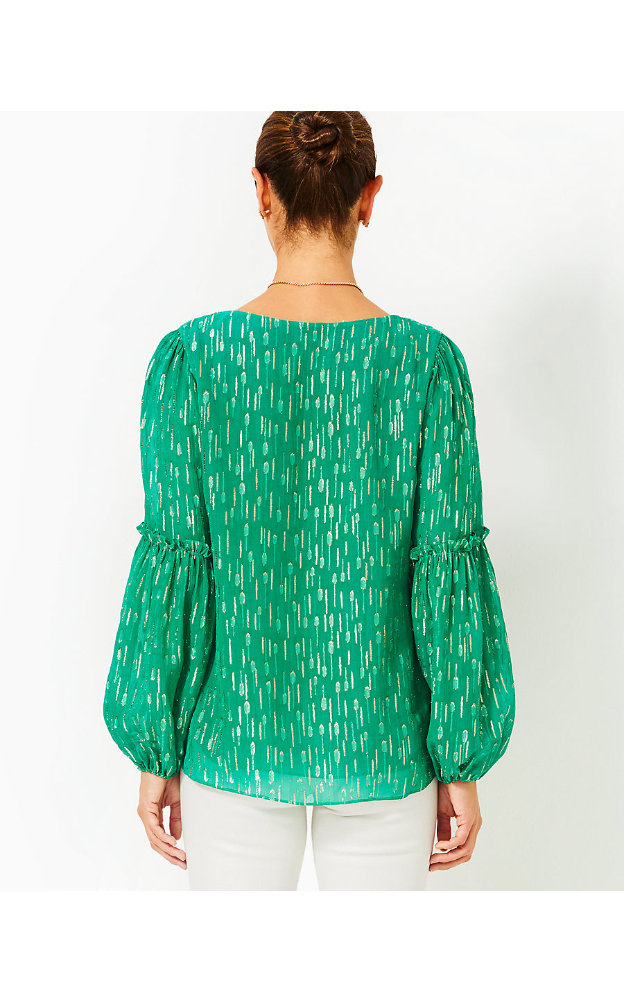 CLEME LONG SLEEVE TOP, FIDDLE LEAF GREEN MYSTICAL VISCOSE METALLIC CLIP