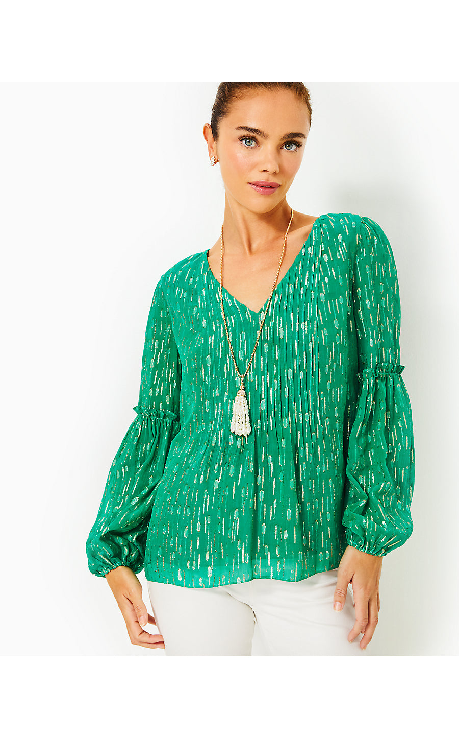 CLEME LONG SLEEVE TOP, FIDDLE LEAF GREEN MYSTICAL VISCOSE METALLIC CLIP