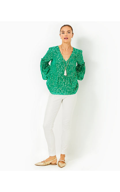 CLEME LONG SLEEVE TOP, FIDDLE LEAF GREEN MYSTICAL VISCOSE METALLIC CLIP