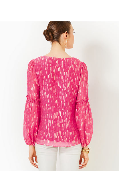 CLEME LONG SLEEVE TOP, PASSION FRUIT PINK MYSTICAL VISCOSE METALLIC CLIP