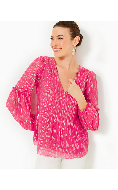 CLEME LONG SLEEVE TOP, PASSION FRUIT PINK MYSTICAL VISCOSE METALLIC CLIP