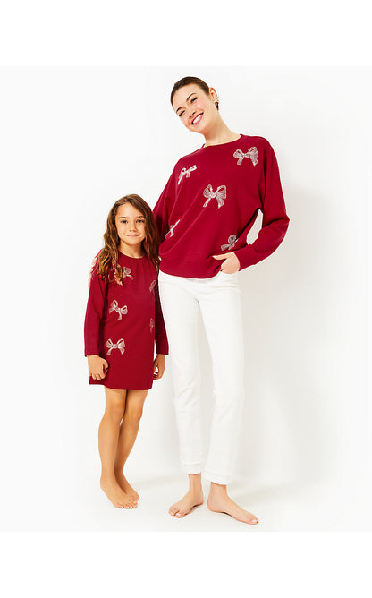 MINI BALLAD SWEATSHIRT DRESS, MALBEC RED BOW EMBELLISHMENT CHILDRENS