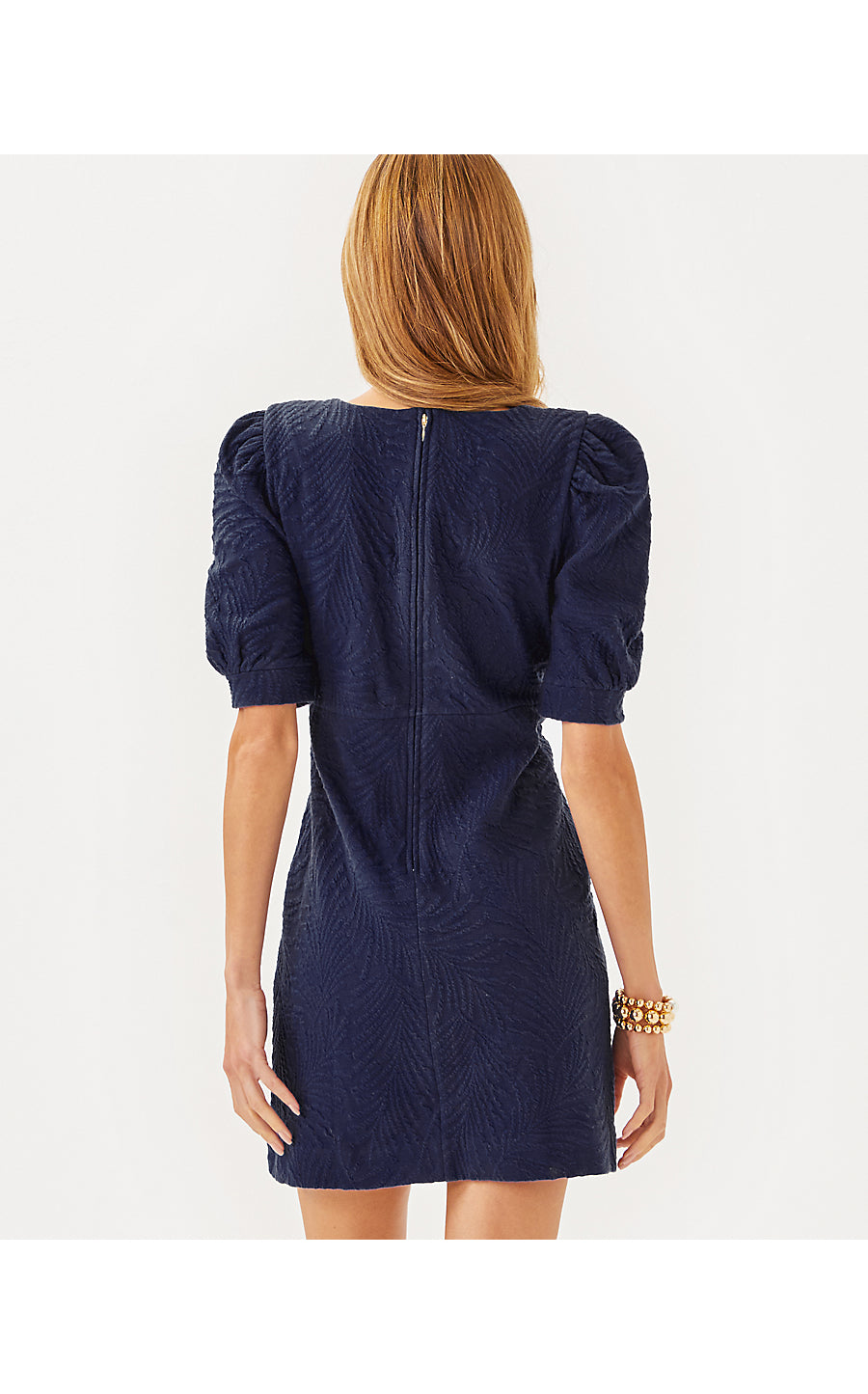 KIELY DRESS, TRUE NAVY LEAFY KNIT PUCKER JACQUARD