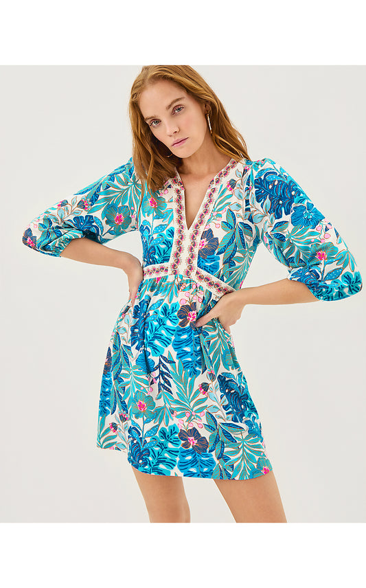 WEXLEE SKIRTED ROMPER, BREEZY AQUA BEST FRONDS FOREVER ENGINEERED ROMPER