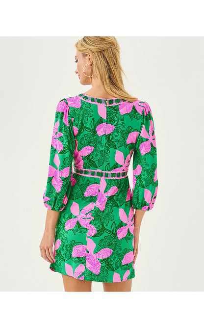 WEXLEE SKIRTED ROMPER, KITTS GREEN SUNSET SHADOWS ENGINEERED ROMPER