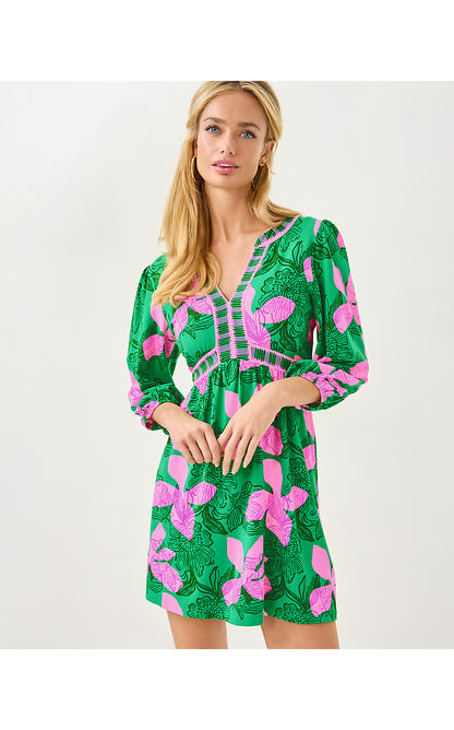 WEXLEE SKIRTED ROMPER, KITTS GREEN SUNSET SHADOWS ENGINEERED ROMPER