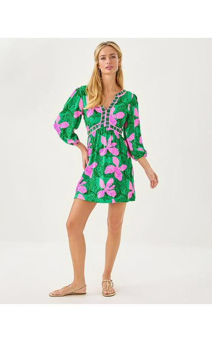 WEXLEE SKIRTED ROMPER, KITTS GREEN SUNSET SHADOWS ENGINEERED ROMPER