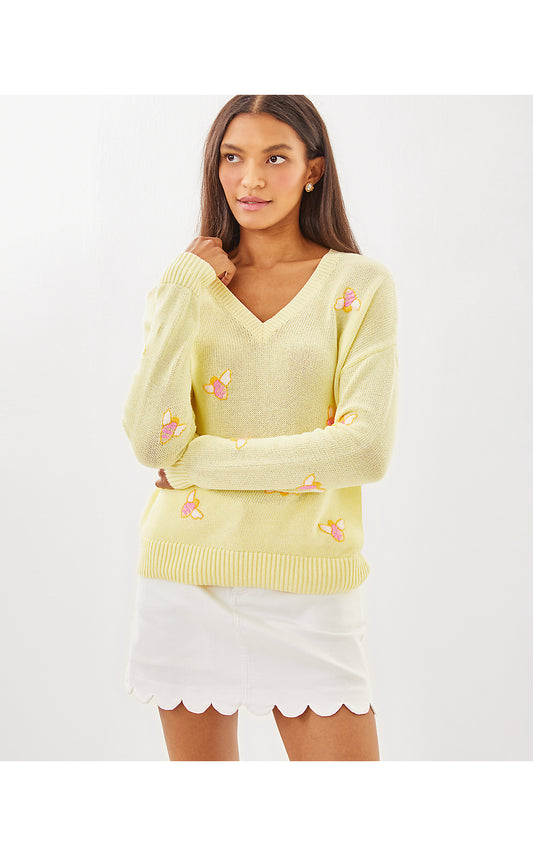 TENSLEY SWEATER, HEATHERED LEMON CHIFFON BEE EMBROIDERY