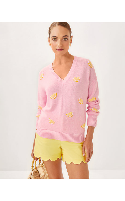 TENSLEY SWEATER, HEATHERED PINK MUSE FRESH SQUEEZED EMBROIDERY