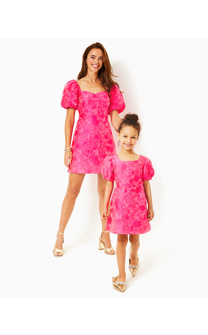 ALANNAH DRESS, PASSION FRUIT PINK LEAF AN IMPRESSION JACQUARD