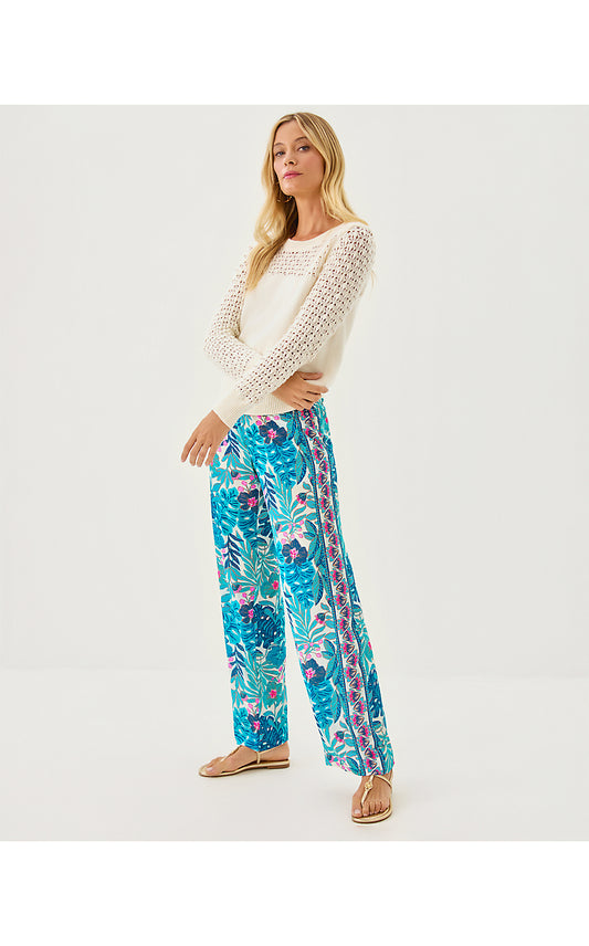 BAL HARBOUR STRETCH PALAZZO PANT, BREEZY AQUA BEST FRONDS FOREVER ENGINEERED PANT