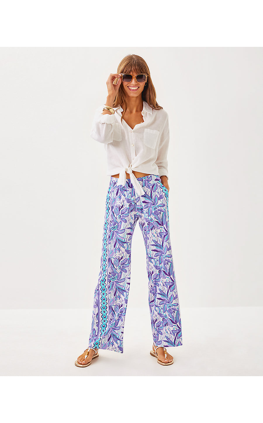 BAL HARBOUR STRETCH PALAZZO PANT, TROPICALIA PURPLE ELEPHANT IN THE BLOOM ENGINEERED BOTTOM