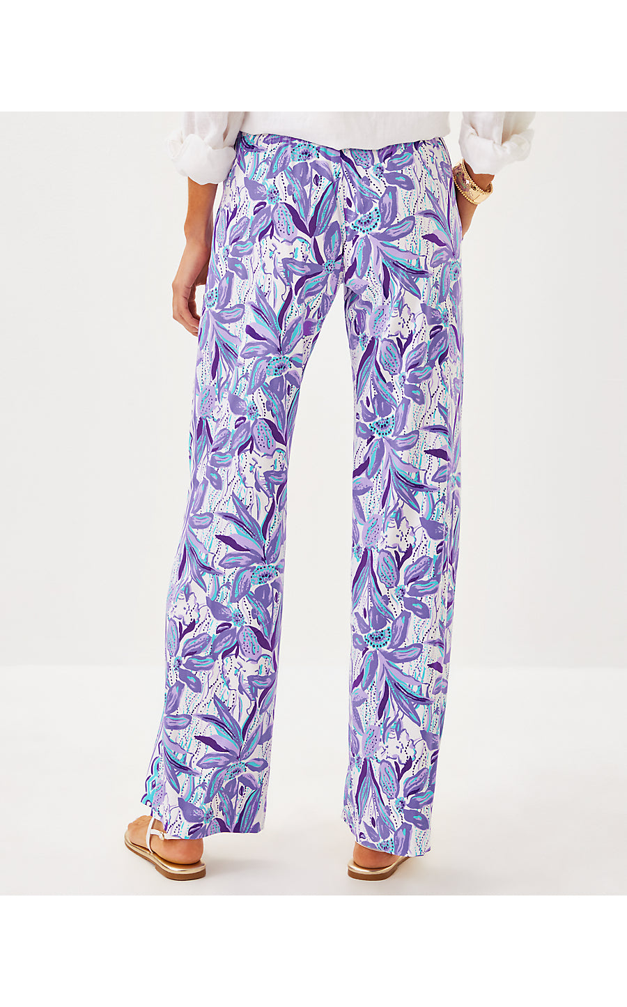 BAL HARBOUR STRETCH PALAZZO PANT, TROPICALIA PURPLE ELEPHANT IN THE BLOOM ENGINEERED BOTTOM