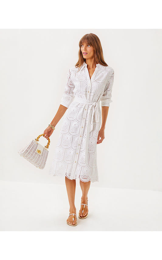 EIRA MIDI SHIRTDRESS, RESORT WHITE PINEAPPLE TILE EYELET