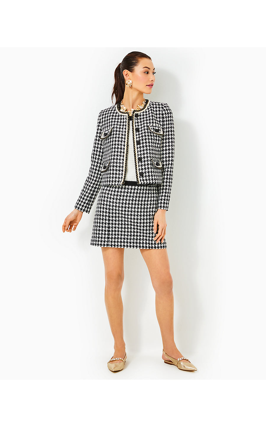 KELS MINI SKIRT, NOIR HOUNDSTOOTH SEQUIN BOUCLE