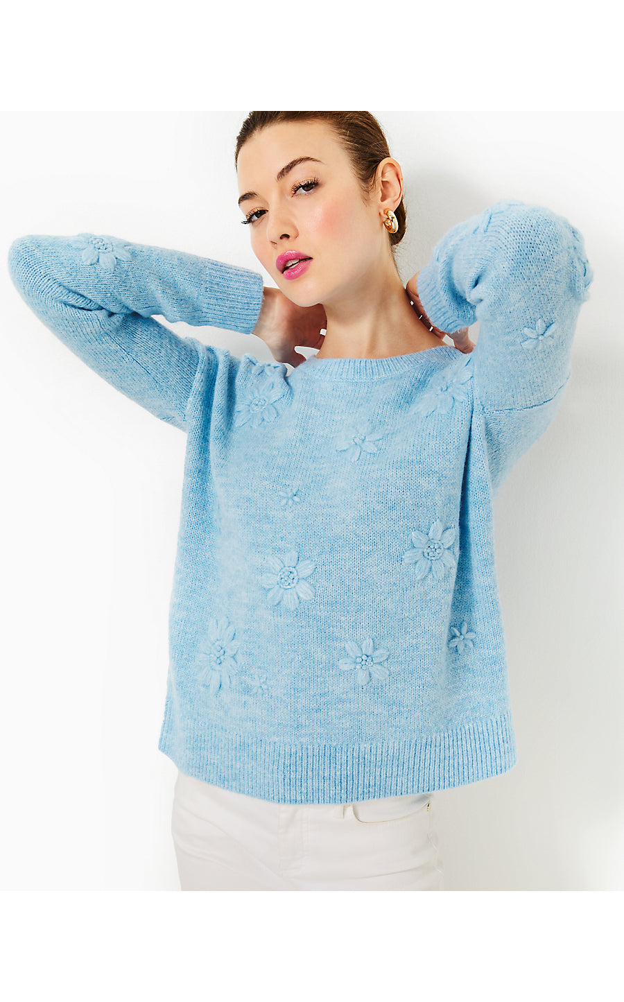 ELIZABELLE SWEATER, HEATHERED BONAIRE BLUE COASTAL FLOWERS