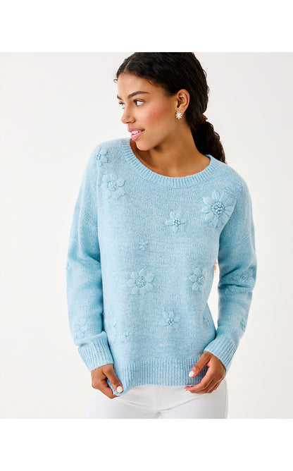 ELIZABELLE SWEATER, HEATHERED BONAIRE BLUE COASTAL FLOWERS