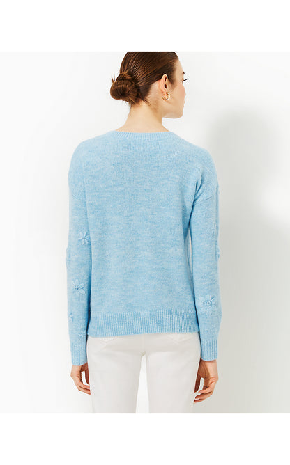 ELIZABELLE SWEATER, HEATHERED BONAIRE BLUE COASTAL FLOWERS