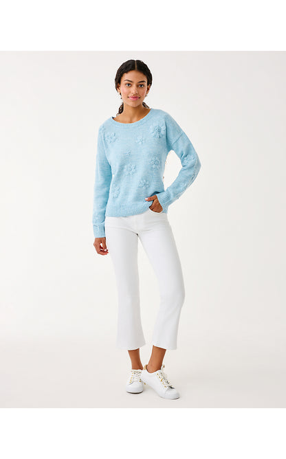ELIZABELLE SWEATER, HEATHERED BONAIRE BLUE COASTAL FLOWERS