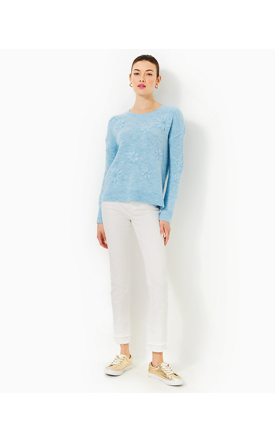 ELIZABELLE SWEATER, HEATHERED BONAIRE BLUE COASTAL FLOWERS