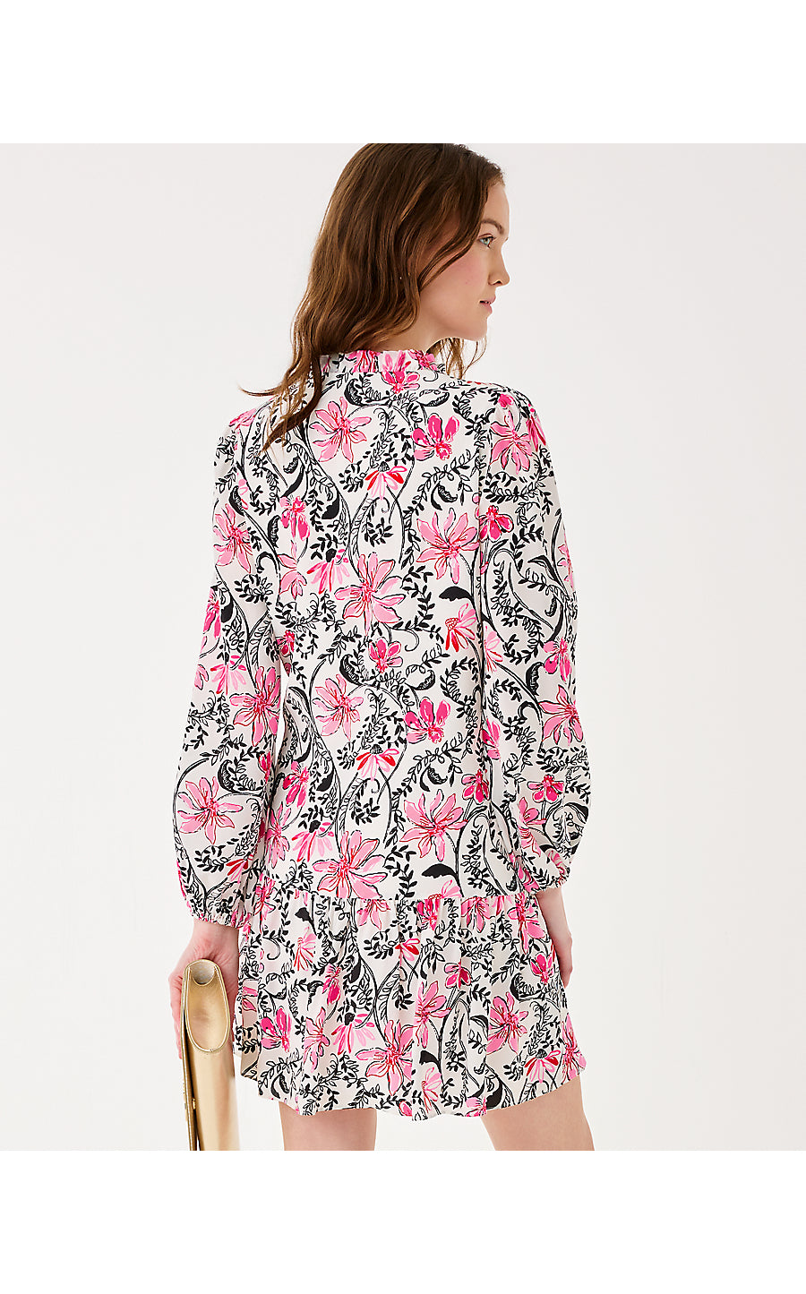 evaline silk dress Shine bright in our Evaline Silk Dress in {Safari Sanctuary} The colors in this print are beautiful on the Fiddle Leaf Green background! Easy fit, rhinestone buttons and a ruffle hem!