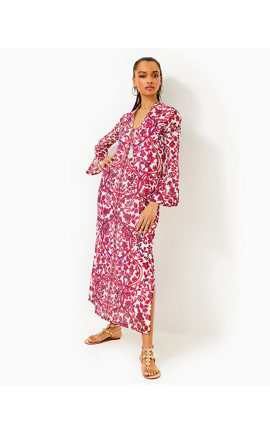 IRELLA MAXI CAFTAN DRESS, COCONUT SLICE OF PARADISE ENGINEERED WOVEN MAXI DRESS