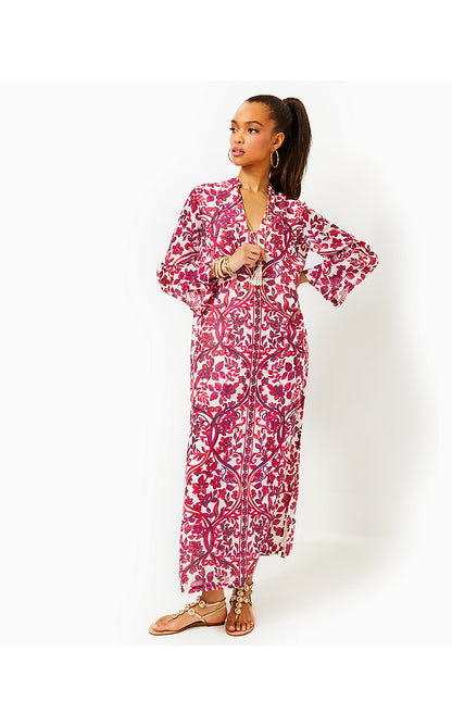 IRELLA MAXI CAFTAN DRESS, COCONUT SLICE OF PARADISE ENGINEERED WOVEN MAXI DRESS