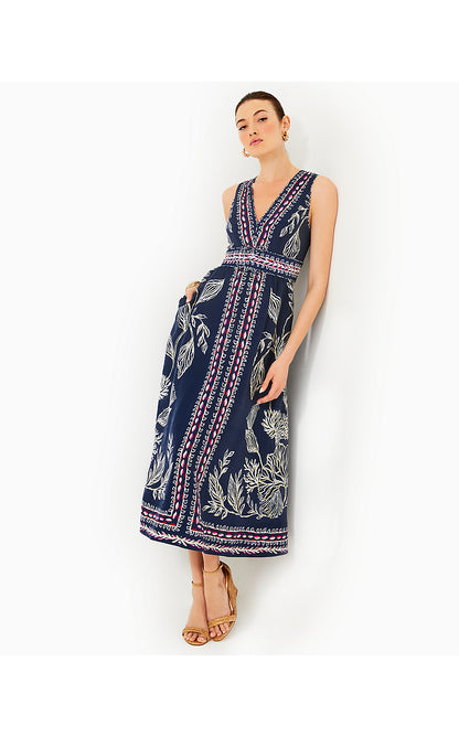 DANIELLA MIDI DRESS, LOW TIDE NAVY COASTAL LOCALE ENGINEERED WOVEN DRESS