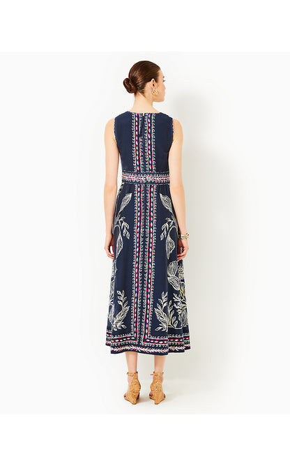 DANIELLA MIDI DRESS, LOW TIDE NAVY COASTAL LOCALE ENGINEERED WOVEN DRESS