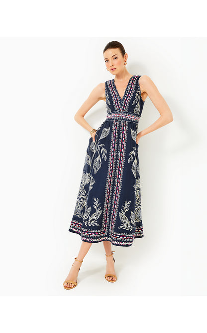 DANIELLA MIDI DRESS, LOW TIDE NAVY COASTAL LOCALE ENGINEERED WOVEN DRESS