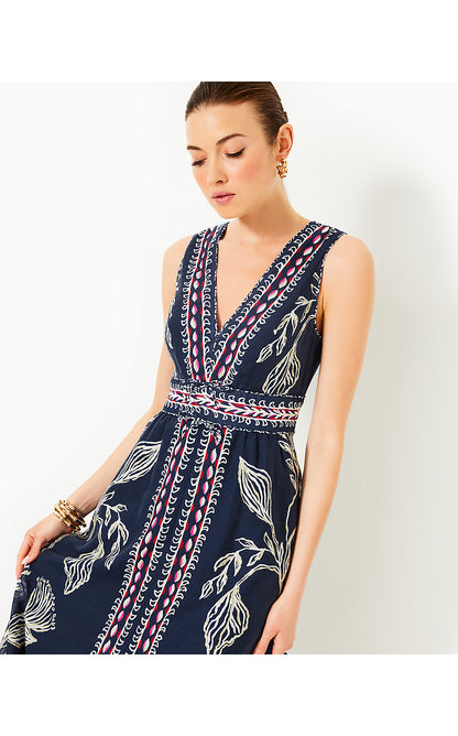 DANIELLA MIDI DRESS, LOW TIDE NAVY COASTAL LOCALE ENGINEERED WOVEN DRESS