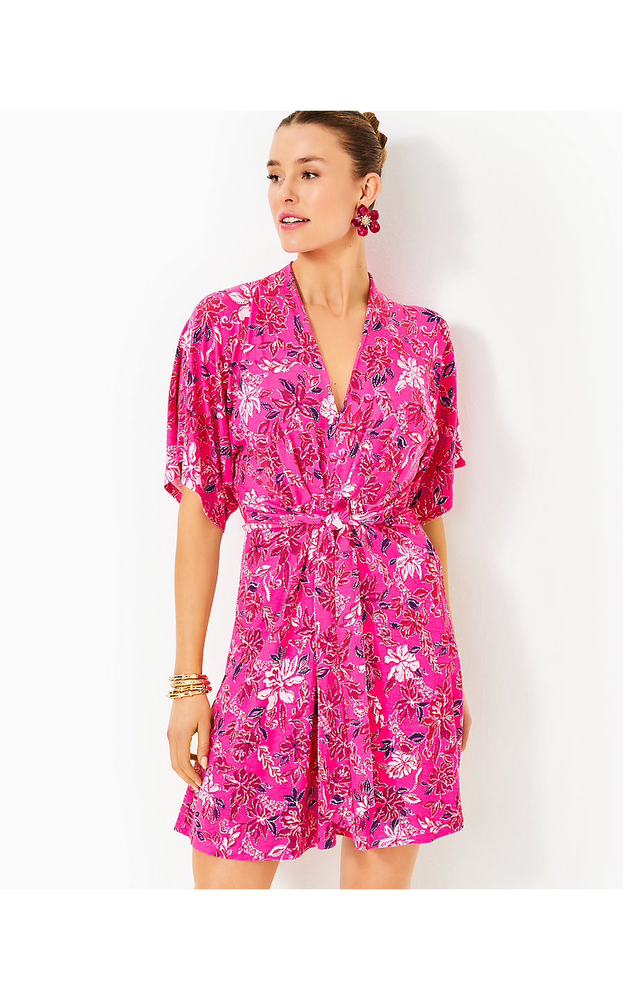 WISTERIA ELBOW SLEEVE V-NECK MAXI DRESS, PASSION FRUIT PINK GIRAFFIC PARK
