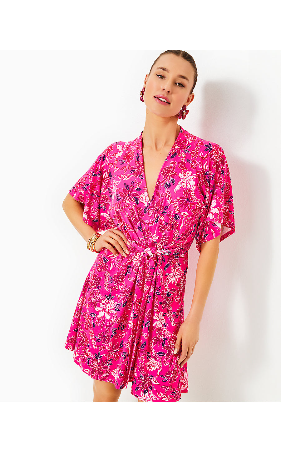 WISTERIA ELBOW SLEEVE V-NECK MAXI DRESS, PASSION FRUIT PINK GIRAFFIC PARK