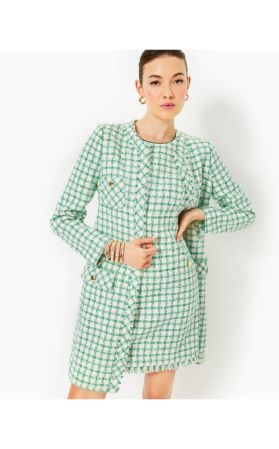 KAYLOR BOUCLE JACKET, FIDDLE LEAF GREEN WINDOWPANE BOUCLE