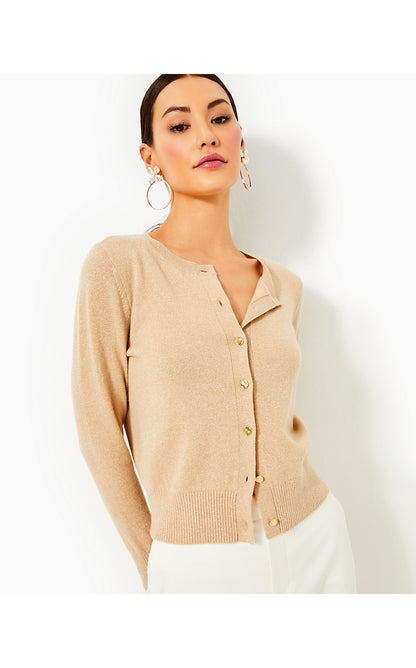 FAIRLEY CASHMERE CARDIGAN, HEATHERED SAND BAR METALLIC
