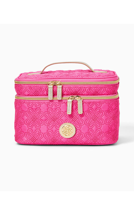 DEVONA COSMETIC CASE, PASSION FRUIT PINK QUILTED BUTTERFLY PATTERN ACCESSORIES