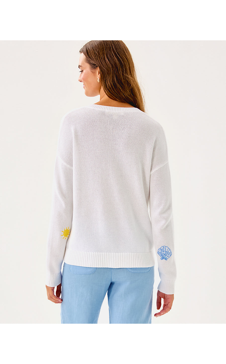TENSLEY SWEATER, RESORT WHITE SUMMER SERENADE EMBROIDERY
